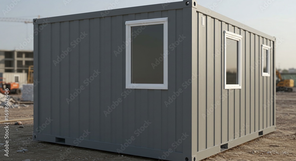 Obraz premium A temporary office container on a construction site at sunset, with other buildings in the background. Concept of construction site management and modular building.