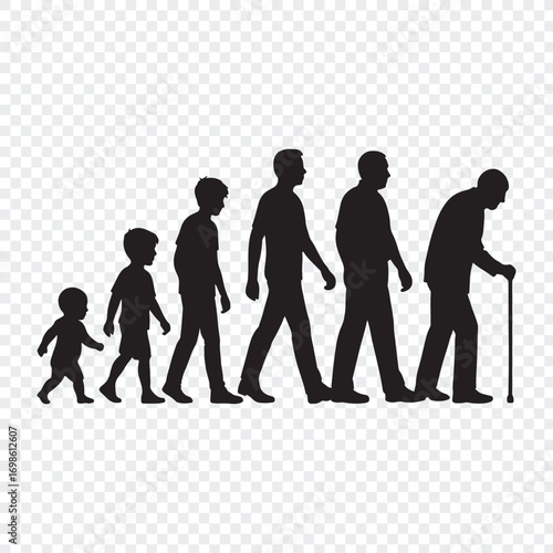 Human Life Stages Silhouette – From Childhood to Old Age Evolution and life stages, human evolution, growth stages, childhood to old age, aging process, people silhouette, human development.