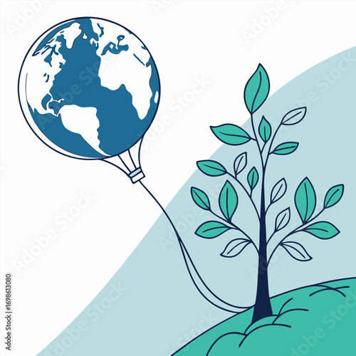 Earth as a balloon floating above a growing plant globe