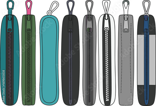 Vector flat zipper collection with various pullers and teeth styles – fashion hardware sketch for garment, bag, and accessory design