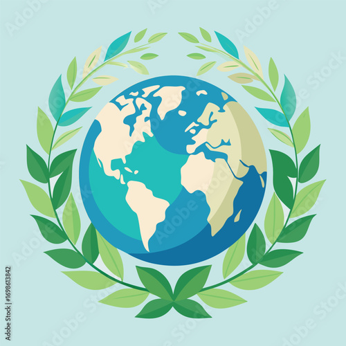 Earth globe embraced by light green leaves wreath planet