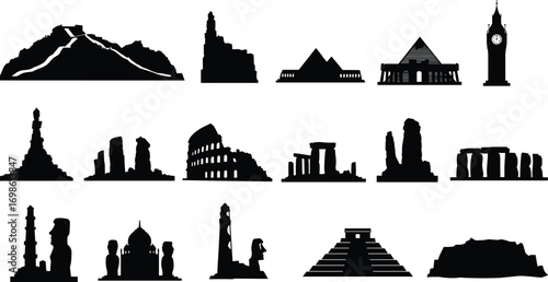 Famous world landmarks silhouettes, historical monuments, travel icons, global heritage, ancient architecture, cultural symbols, famous tourist destinations, vector illustration
