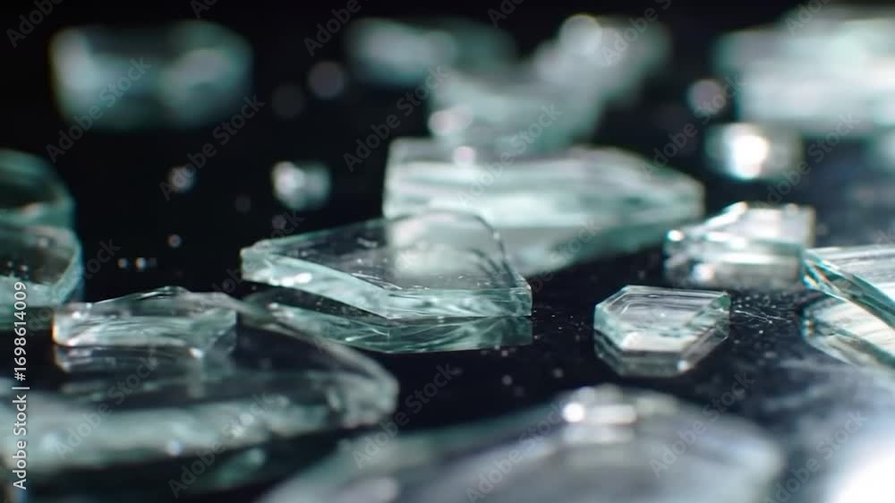 Shattered Reflections - Close-Up of Broken Glass on Dark Surface. Shattered Reflections - Close-Up of Broken Glass on Dark Surface.