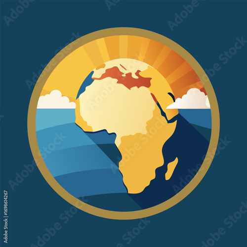 Earth globe with Africa and sun over water planet world