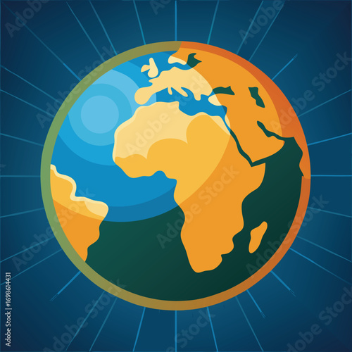 Earth globe with continents and radiating blue lines