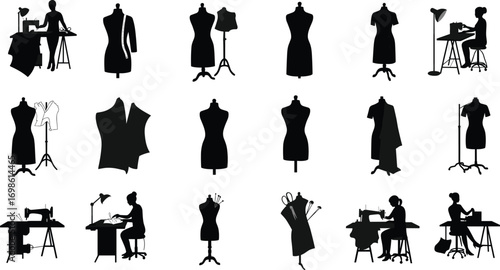 Fashion design silhouettes, dressmaker mannequins, sewing machines, female tailors working, fabric cutting, sewing needles, dress forms, textile crafting