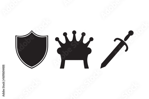 Royal symbols of power shield throne and sword icons