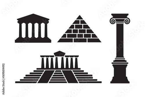 Silhouettes of ancient architectural wonders and columns
