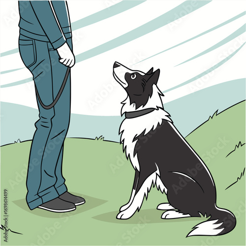 Dog owner giving a command to a sitting Border Collie