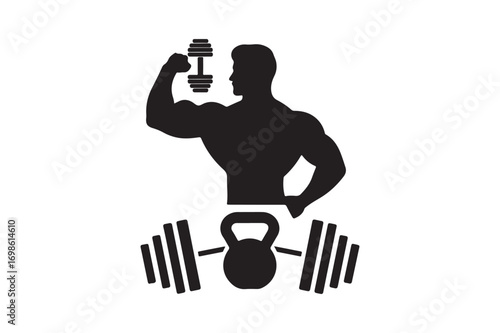 Silhouette of a muscular man flexing with dumbbell and gym equipment