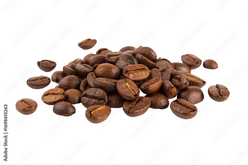 Naklejka premium Premium roasted coffee beans isolated on white background for perfect brewing experience image