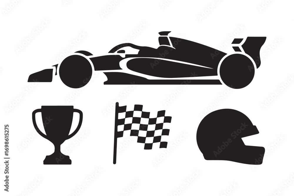 Fototapeta premium Formula 1 racing icons car trophy flag and helmet silhouette