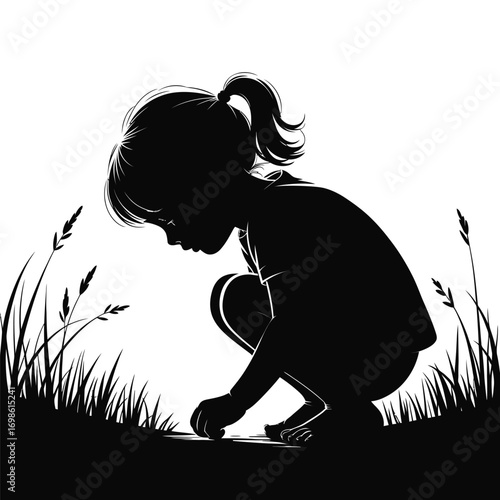 Silhouette of a Girl Exploring Nature Curiously Near the Grasses