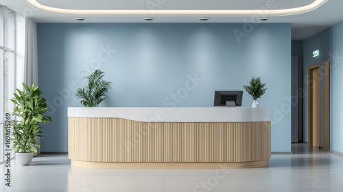 Dental Clinic Reception counter mockup welcome front entrance Modern style interior registration dentist copy space desk indoor decoration design front view