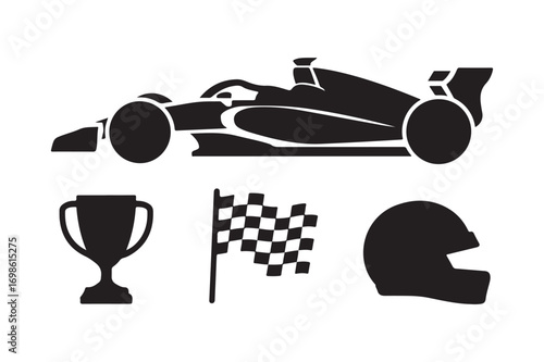 Formula 1 racing icons car trophy flag and helmet silhouette