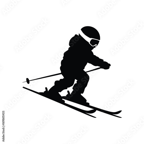Silhouette of Child Skiing Downhill With Poles and Winter Gear
