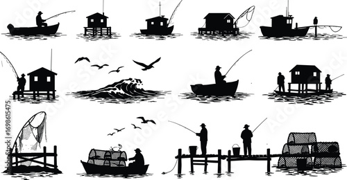 Fishing silhouettes, fishermen on boat, fishing pier, fishing nets, coastal fishing scene, birds flying, ocean waves, fishing lifestyle, fish traps, sea life, outdoor activity, water sports