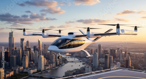 Electric vertical takeoff and landing aircraft flying above urban skyline at sunset, future of air taxi services for city travel.