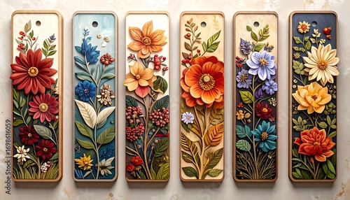 Decorative wooden bookmarks with floral designs