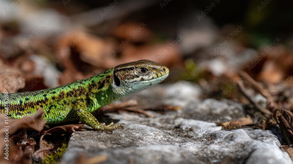 Naklejka premium Green lizard on rocky ground