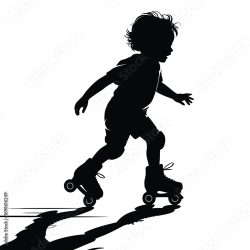 Silhouette of a Young Child Roller Skating with Shadow