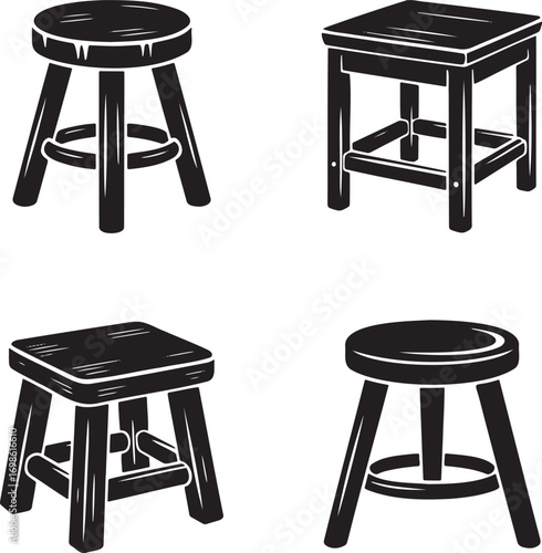 Wooden Stool Icon silhouette set vector illustration isolated on transparent background