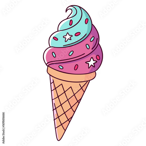 Rainbow Swirl Ice Cream Cone with Sprinkles Vector 
