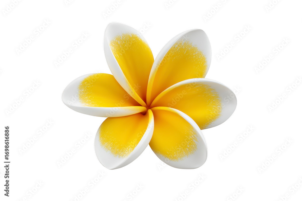 Fototapeta premium Yellow white plumeria flower tropical blossom isolated on transparent background detailed petals natural beauty relaxation spa summer freshness calm