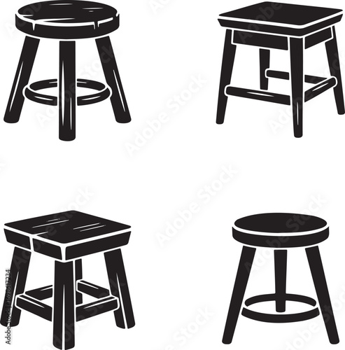 Wooden Stool Icon silhouette set vector illustration isolated on transparent background