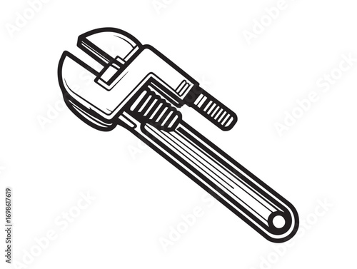 Minimalistic adjustable pipe wrench drawing in outline vector