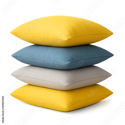 Stack of Four Square Cushions in Yellow Blue and Gray on White Background pillow isolated on a transparent background