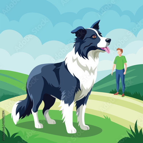 Border Collie Dog Standing in a Grassy Field with a Man