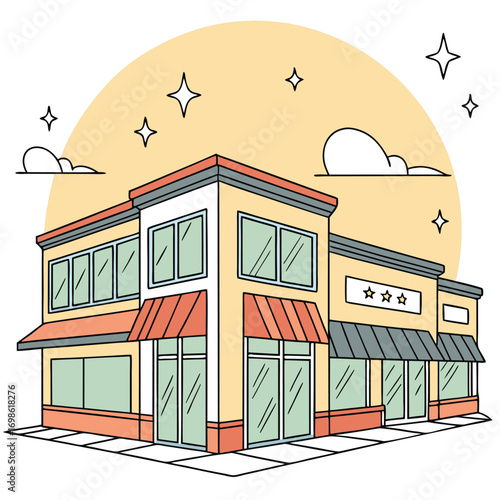 Cartoon illustration of a storefront with awnings and stars