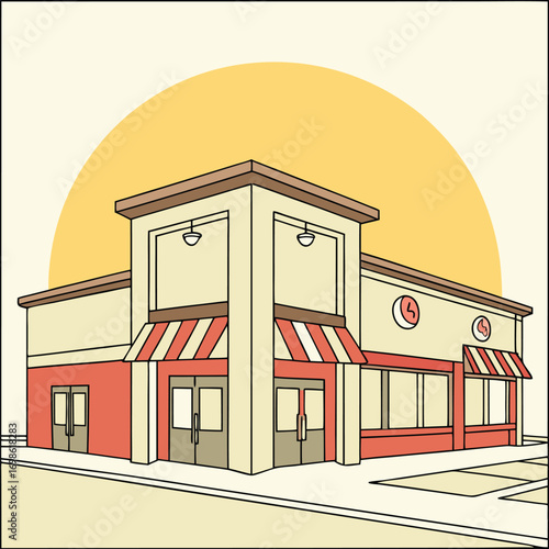 Cartoon illustration of a commercial building with a large sun