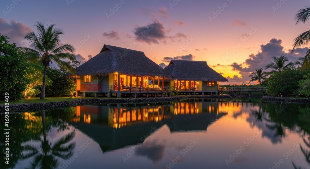 Fototapeta premium Sunset view of tropical waterfront homes
