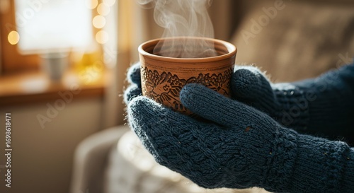 Gloved hands hold a steaming carved cup indoors with warm inviting light