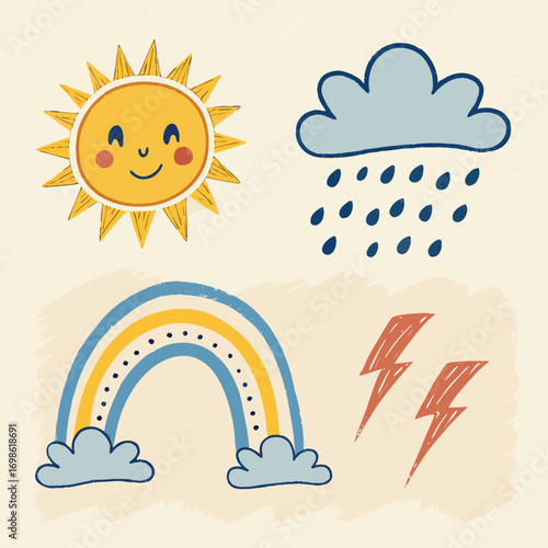 Cheerful weather icons including sun cloud rainbow and lightning