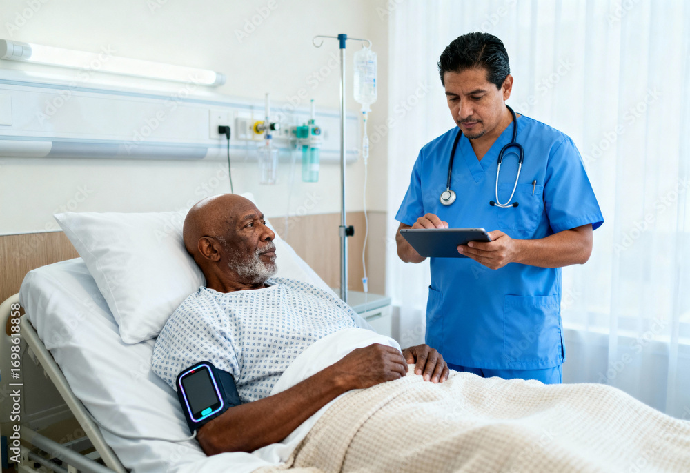 Obraz premium Male nurse with stethoscope using tablet to check medical records of senior male patient in hospital bed during daytime healthcare visit