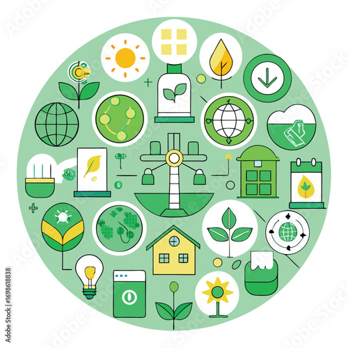 Circular Eco- Friendly and Green Energy Icons Collage