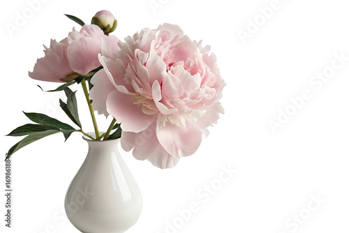 Fototapeta Naklejka Na Ścianę i Meble -  Pink peonies beautifully arranged in a minimalist white vase on a clear isolated background image
