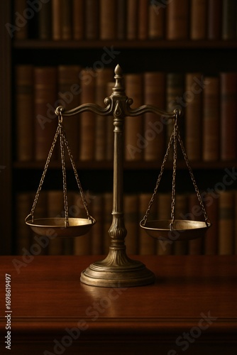 Brass scales of justice law library background