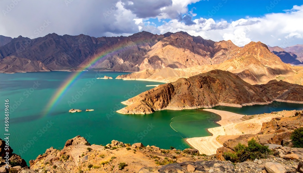 Fototapeta premium Panoramic view of a lake with a rainbow