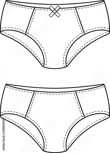 Women’s bikini briefs technical fashion flat sketch, front and back view underwear design with panel stitching and bow detail