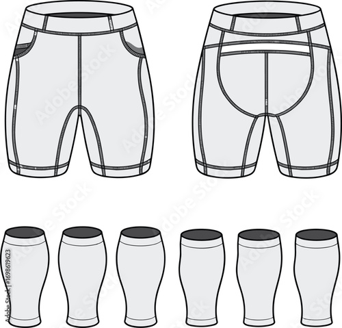 Women’s biker shorts and compression leg sleeves flat sketch with pocket detail, front and back technical drawing for activewear design