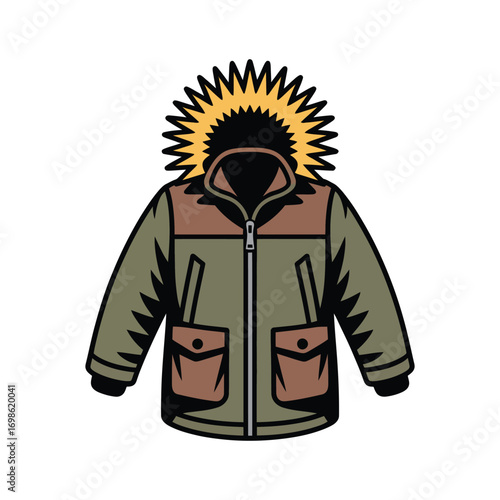 Detailed illustration of olive green winter parka with fur trimmed hood pockets
