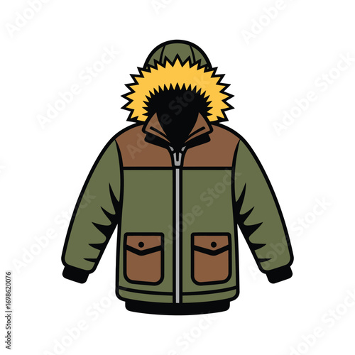Vector illustration of olive green winter parka featuring fur trimmed hood pockets