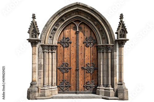 Ancient gothic cathedral door with intricate woodwork and stone columns architecture photo