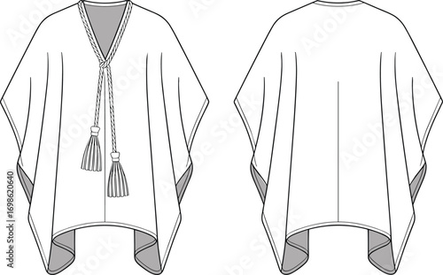 Women's kaftan poncho flat sketch with tassel rope tie, front and back view, fashion technical drawing for apparel design