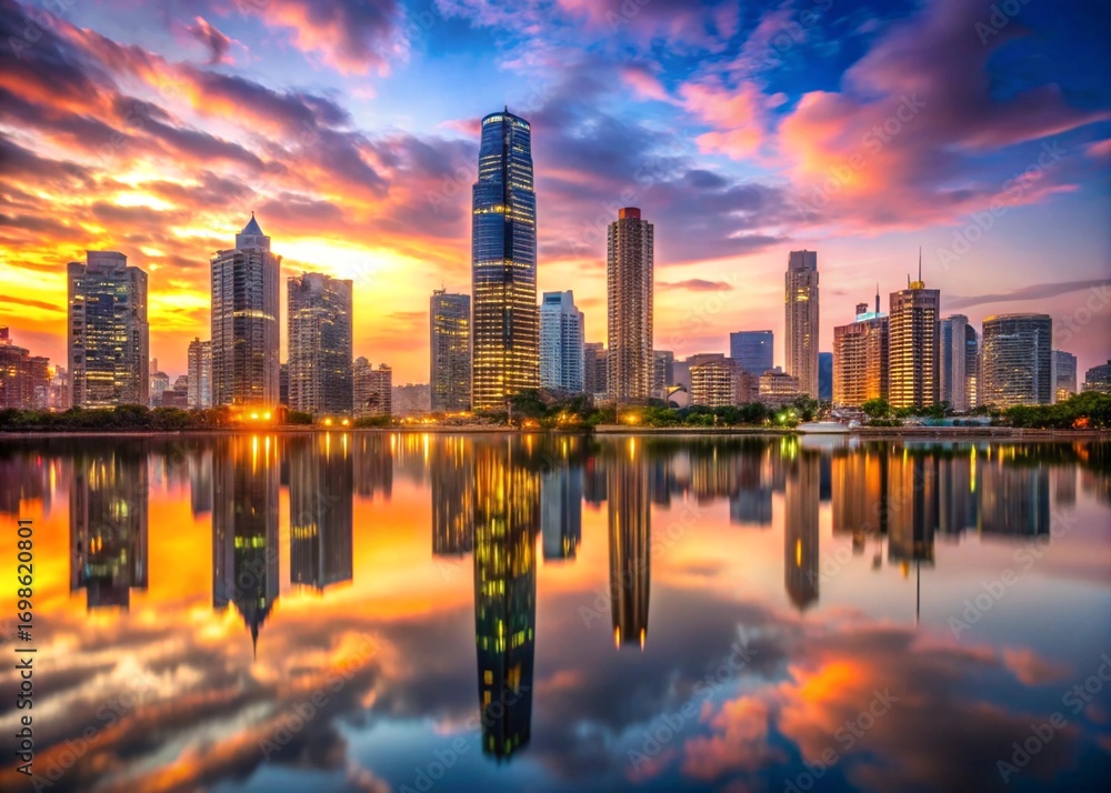 Fototapeta premium Majestic skyscraper skyline at sunset reflecting in calm water with vibrant pastel sky and city lights