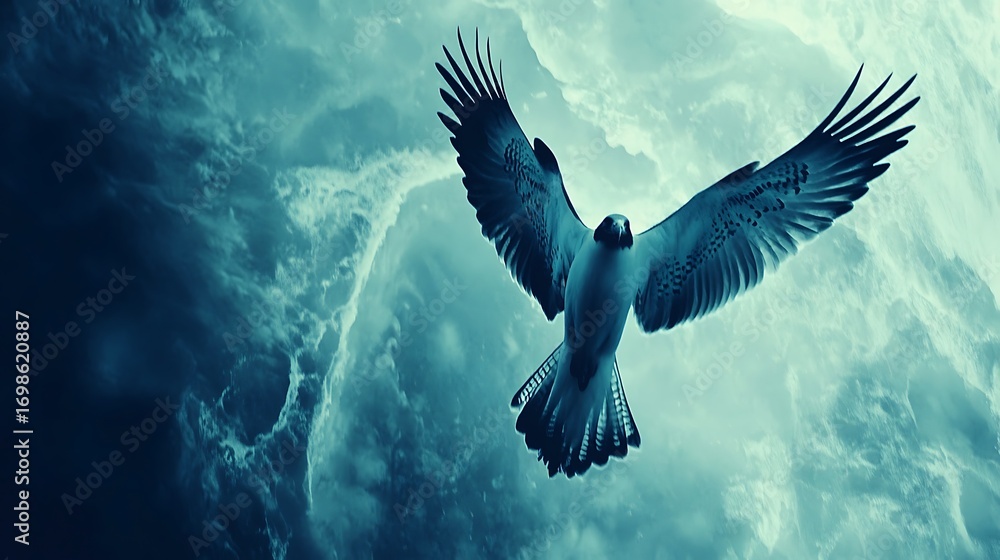 Obraz premium A majestic crow soars through a dramatic sky, its wings outstretched against the backdrop of swirling clouds and ethereal light, creating a sense of freedom